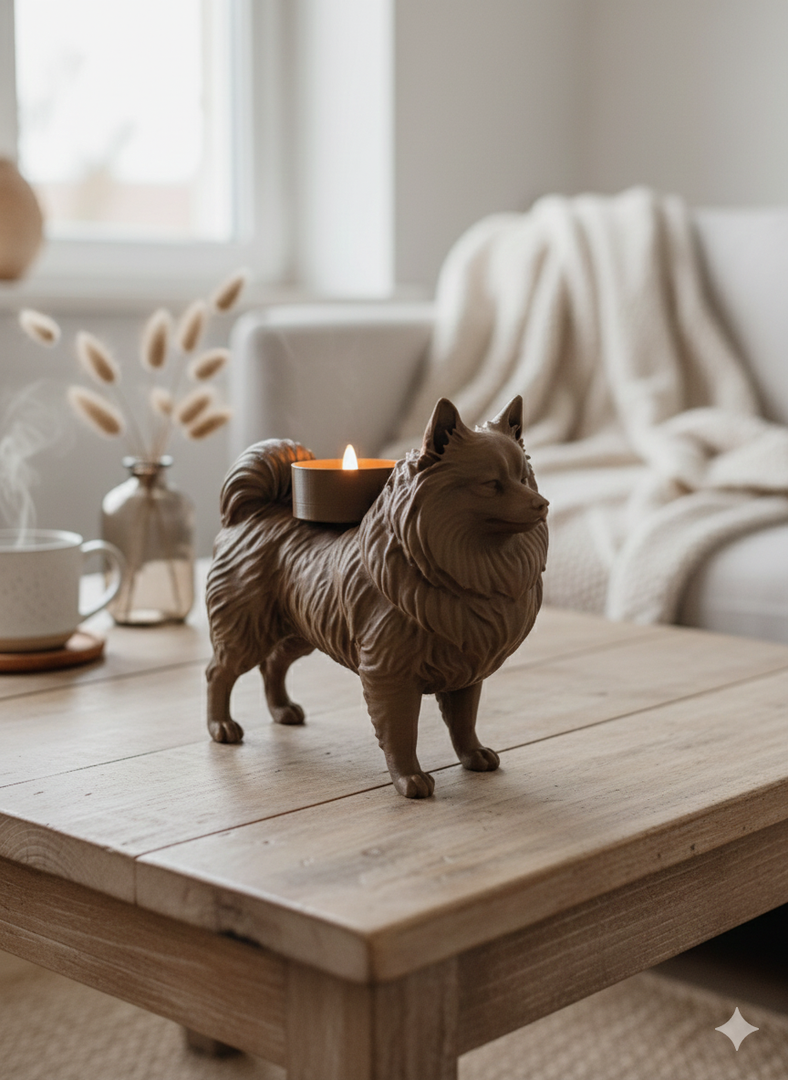 Keeshond waxinelichthouder bruin van Hunoba Creative