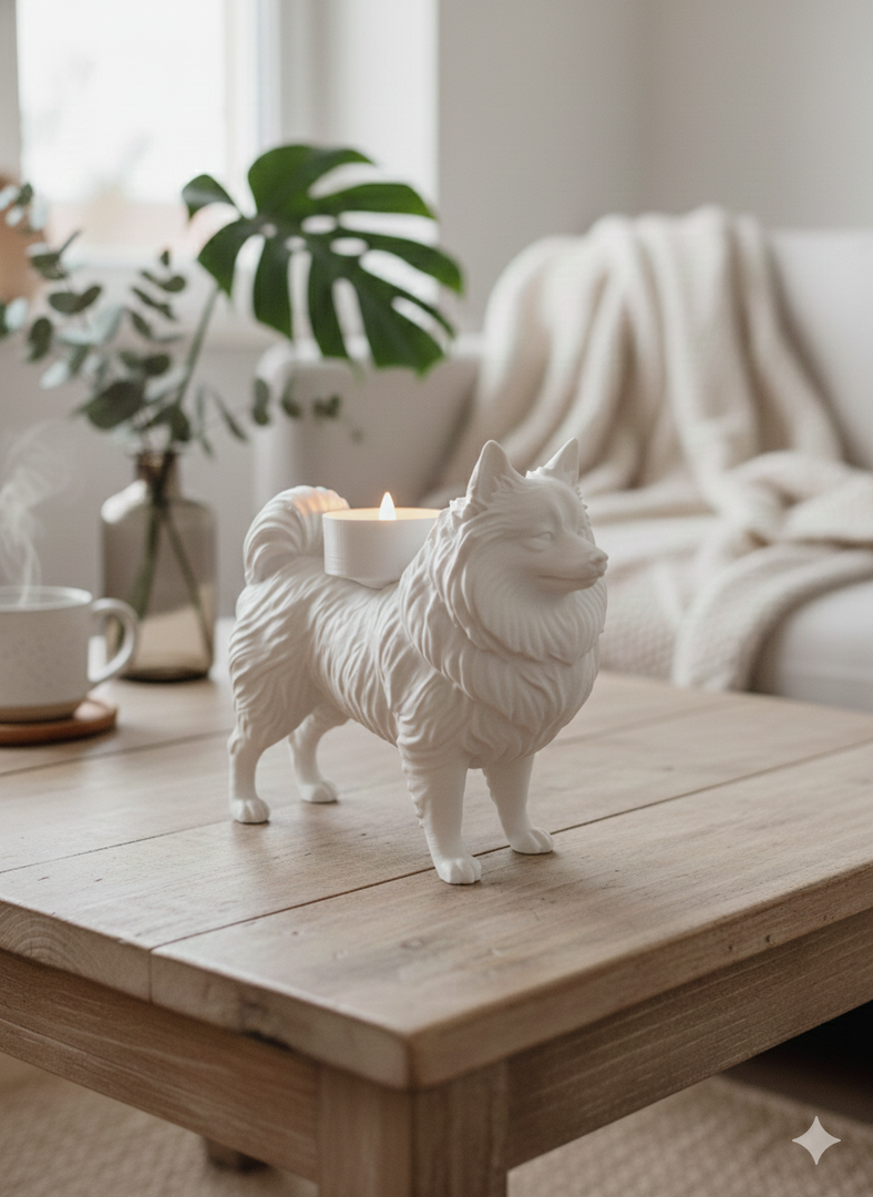 Witte waxinelichthouder met keeshond silhouet