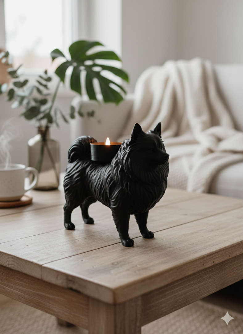 Keeshond waxinelichthouder zwart van Hunoba Creative