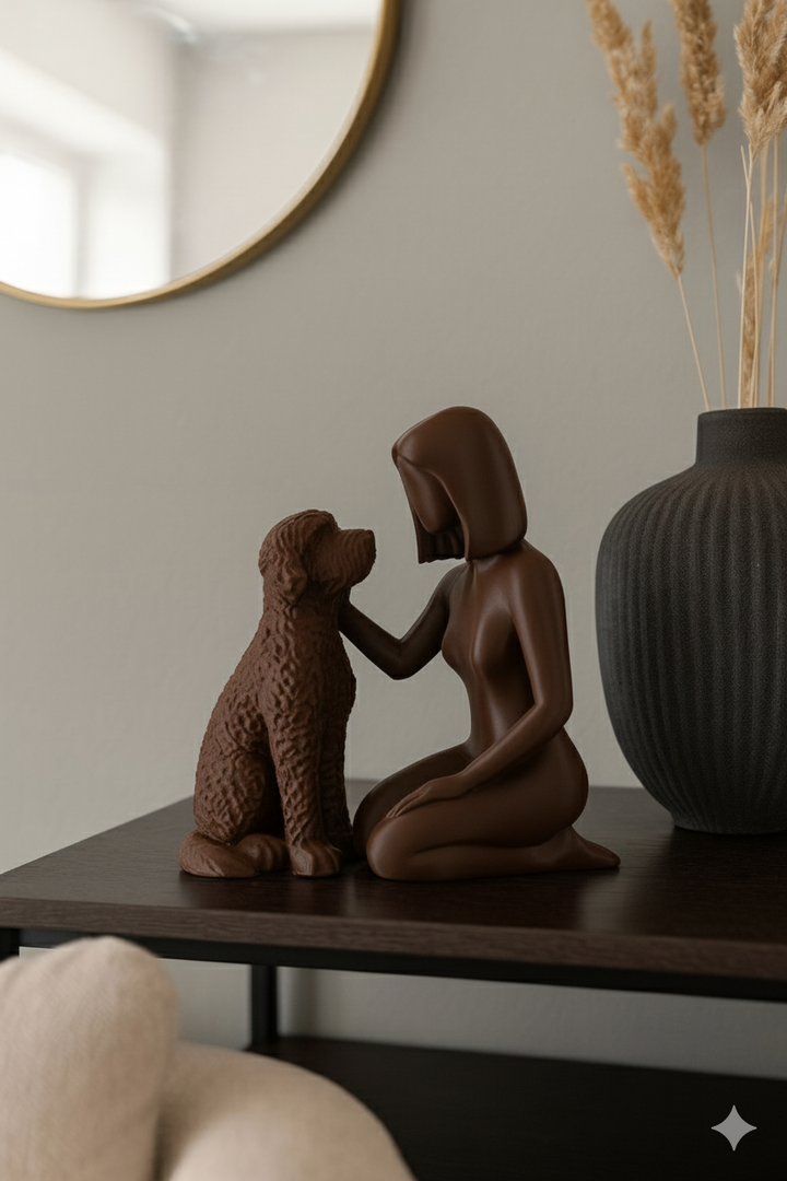 Beeldje Vrouw met Labradoodle – Modern Sculptuur in Zwart, Wit of Bruin | Decoratief Hondenbeeld voor Interieur