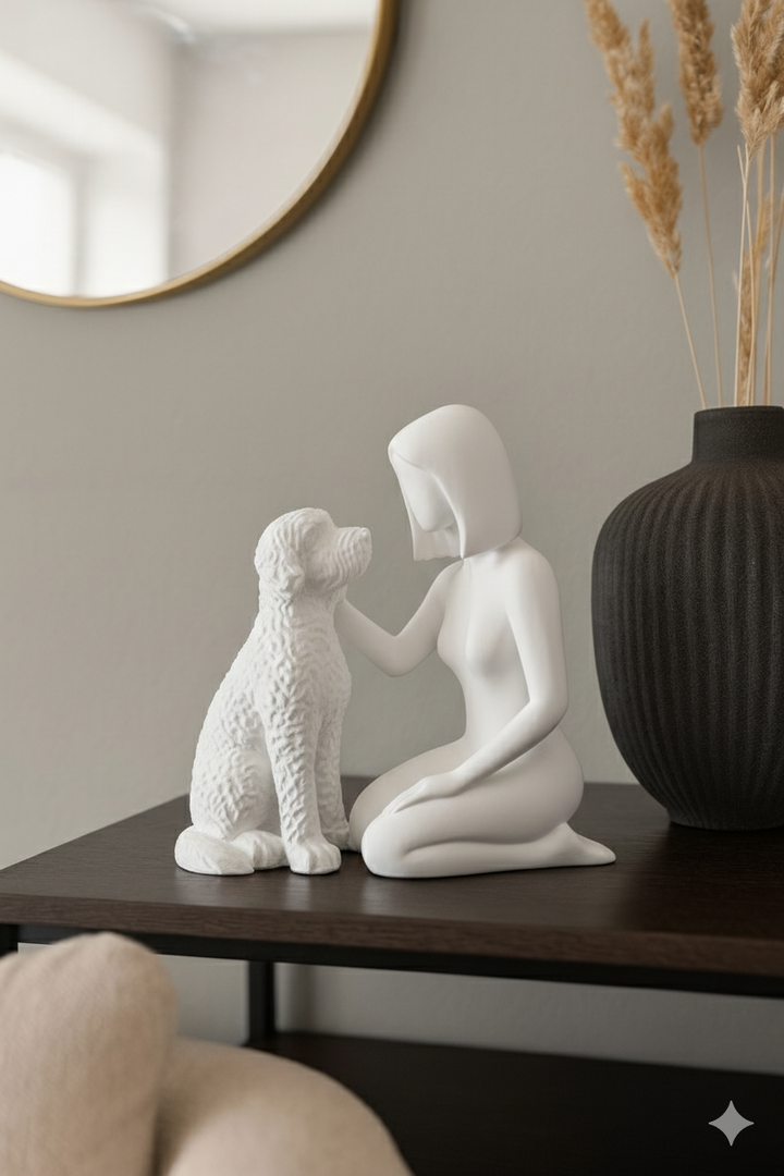 Beeldje Vrouw met Labradoodle – Modern Sculptuur in Zwart, Wit of Bruin | Decoratief Hondenbeeld voor Interieur