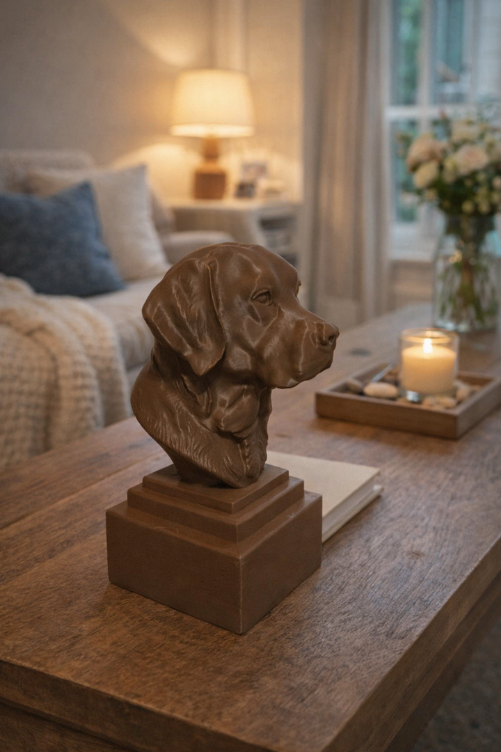 Bruin Labrador hoofd beeldje op sokkel van Hunoba Creative op houten salontafel met kaars en warme woonkamer setting