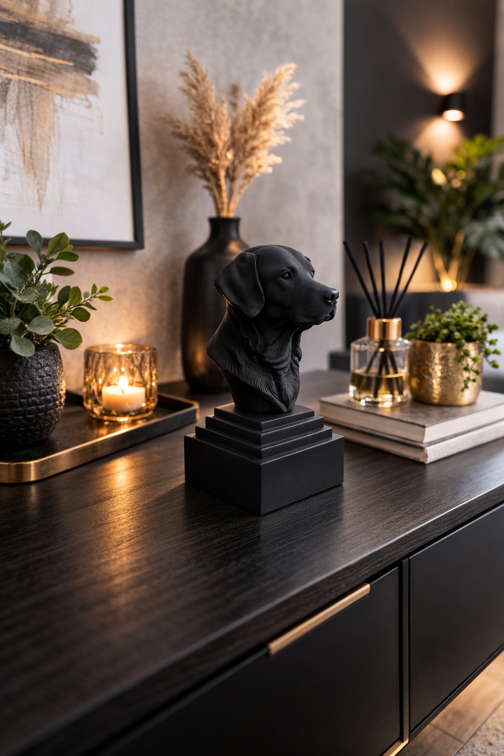 Zwart Labrador hoofd beeldje op sokkel van Hunoba Creative op zwart dressoir met kaarsen, planten en luxe interieur styling