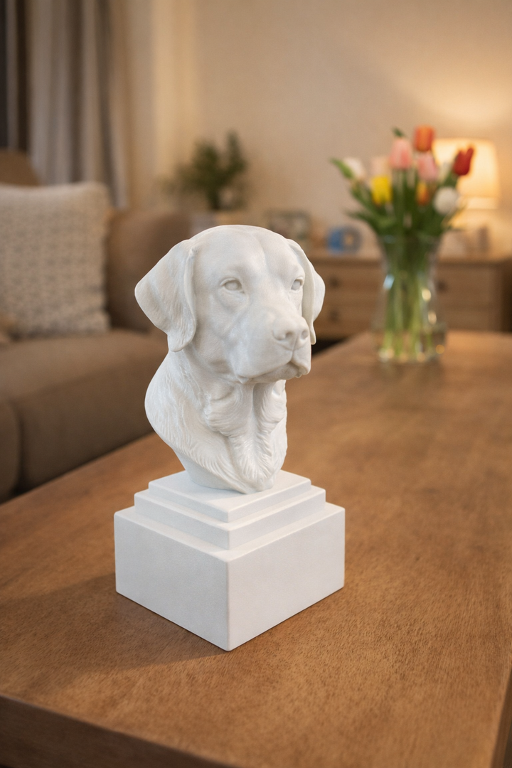 Wit Labrador hoofd beeldje op sokkel van Hunoba Creative op houten tafel in warme woonkamer setting met bloemen op de achtergrond