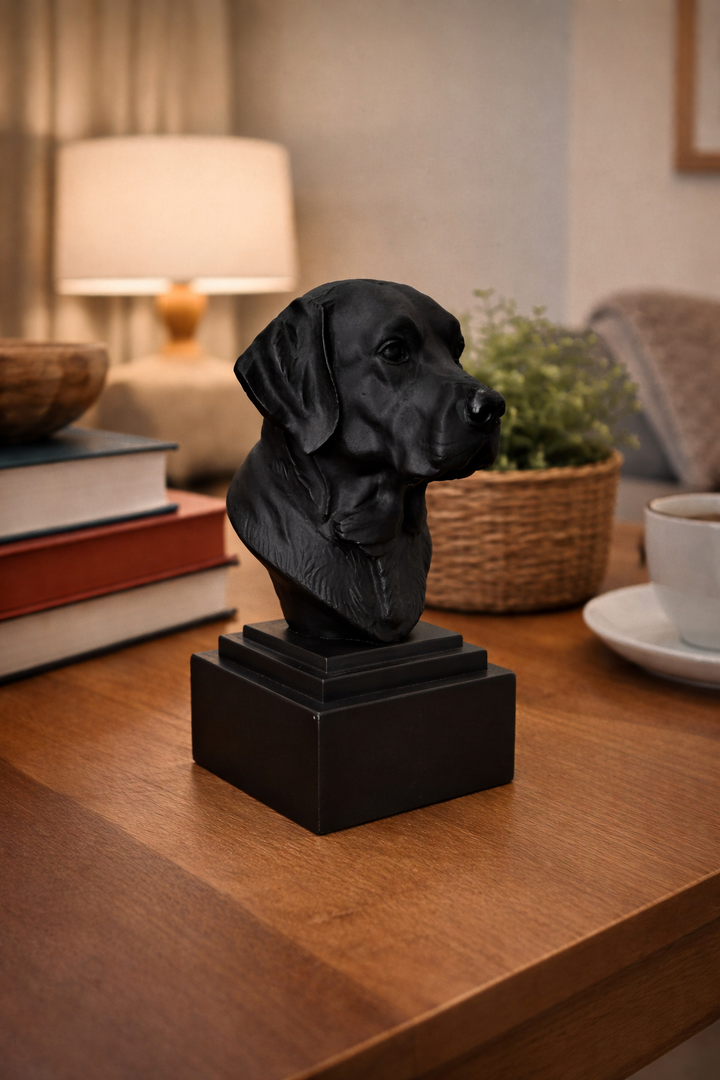 Zwart Labrador hoofd beeldje op sokkel van Hunoba Creative op houten tafel met boeken, plant en warme sfeerverlichting in interieur setting