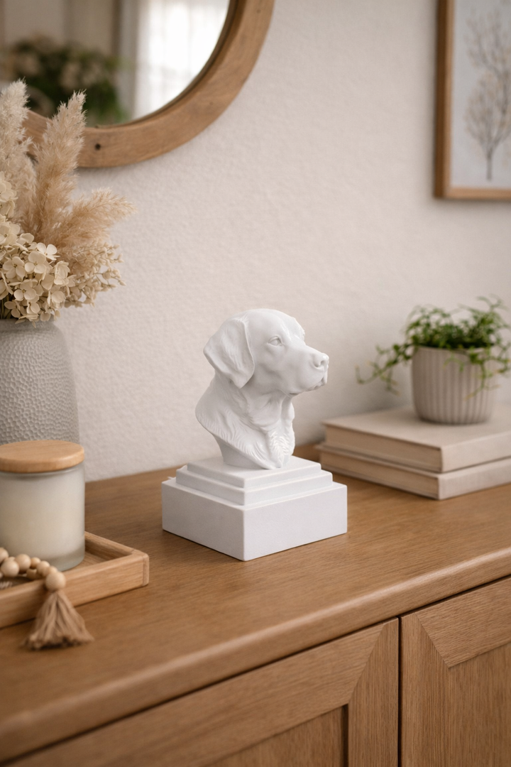 Wit Labrador hoofd beeldje op sokkel van Hunoba Creative op houten dressoir met boeken, plant en neutrale interieur decoratie