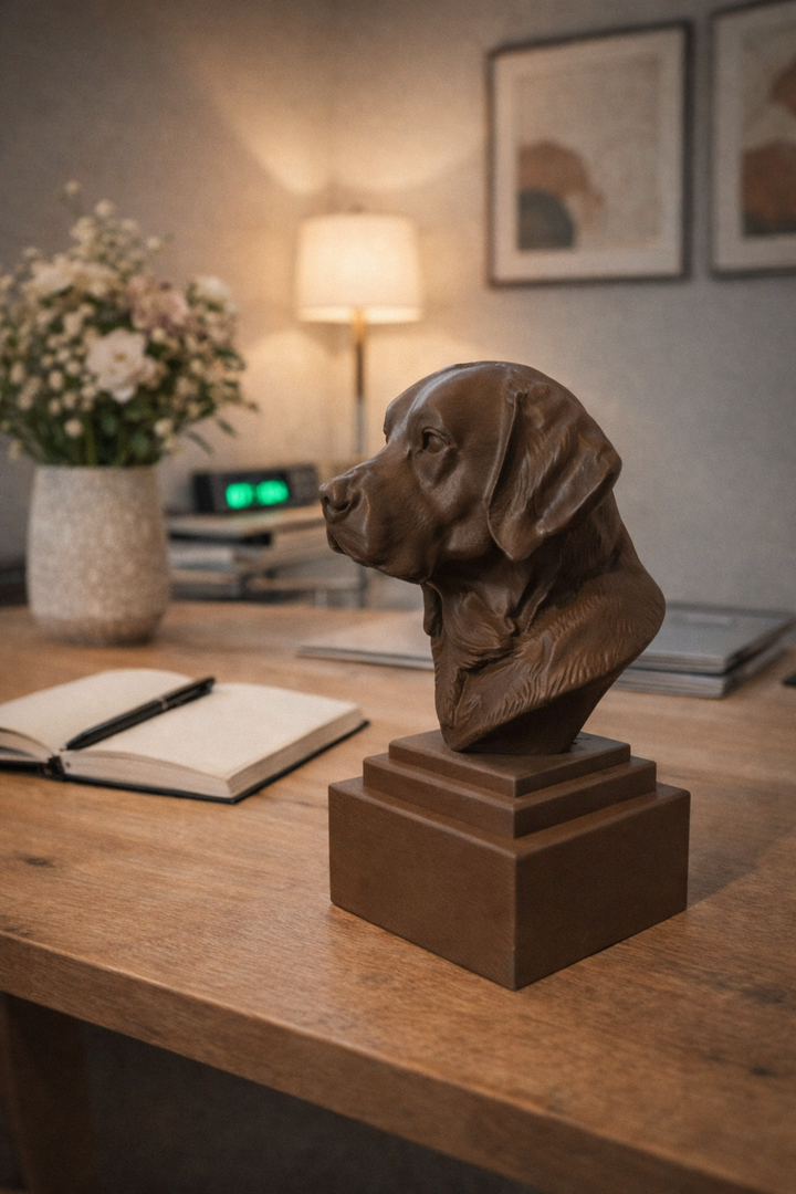 Bruin Labrador hoofd beeldje op sokkel van Hunoba Creative op houten bureau met warme interieur setting