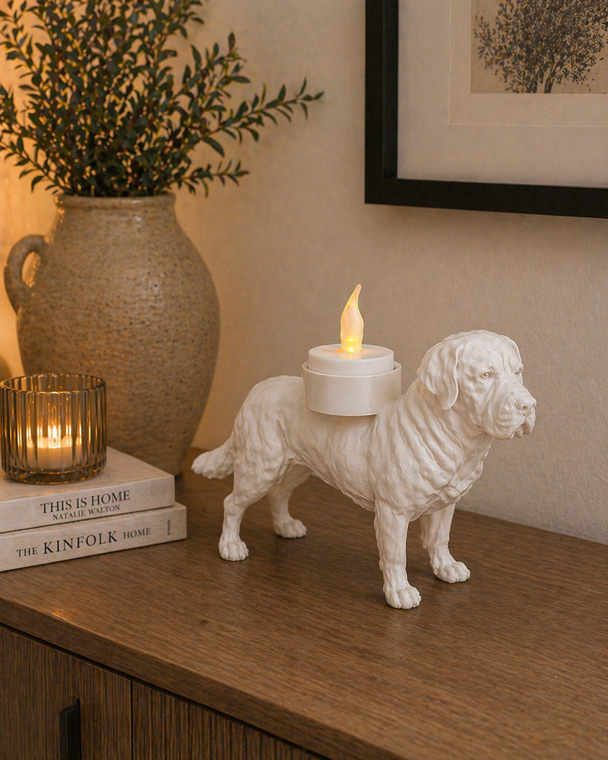 Witte Mastin Espagnol waxinelichthouder met led-theelichtje op een houten kastje langs de muur in warme huiselijke omgeving met vaas en decoratie.