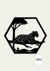 Wanddecoratie Luipaard – Silhouet in Hexagon Frame – PLA – Zwart | Antraciet | Grijs | Wit – 175×151 mm