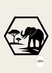 Wanddecoratie Olifant – Silhouet in Hexagon Frame – PLA – Zwart | Antraciet | Grijs | Wit – 175×151 mm