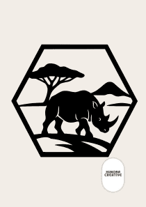 Wanddecoratie Neushoorn – Silhouet in Hexagon Frame – PLA – Zwart | Antraciet | Grijs | Wit – 175×151 mm