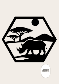 Wanddecoratie Neushoorn in Frame – Silhouet Savanne Design – Zwart/Antraciet/Grijs/Wit – 175×151 mm