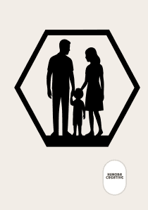 Wanddecoratie Familie – 2 Ouders & 1 Kind – Silhouet in Hexagon Frame – PLA – Zwart | Antraciet | Grijs | Wit – 175×151 mm