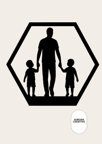 Wanddecoratie Vader met 2 Kinderen – Silhouet in Hexagon Frame – PLA – Zwart | Antraciet | Grijs | Wit – 175×151 mm