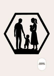 Wanddecoratie Familie – Ouders met Baby & Peuter – Silhouet in Hexagon Frame – PLA – Zwart | Antraciet | Grijs | Wit – 175×151 mm