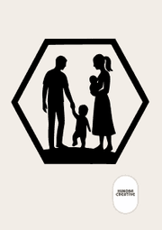 Wanddecoratie Familie – Ouders met Baby & Peuter – Silhouet in Hexagon Frame – PLA – Zwart | Antraciet | Grijs | Wit – 175×151 mm