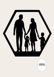 Wanddecoratie Familie – 2 Ouders & 2 Kinderen – Silhouet in Hexagon Frame – PLA – Zwart | Antraciet | Grijs | Wit – 175×151 mm