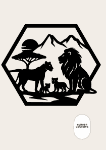 Wanddecoratie Leeuwenfamilie – Silhouet in Hexagon Frame – PLA – Zwart | Antraciet | Grijs | Wit – 175×151 mm