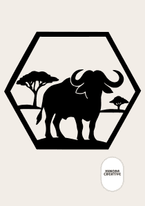 Wanddecoratie Buffel – Savanne Silhouet in Hexagon Frame – PLA – Zwart | Antraciet | Grijs | Wit – 175×151 mm