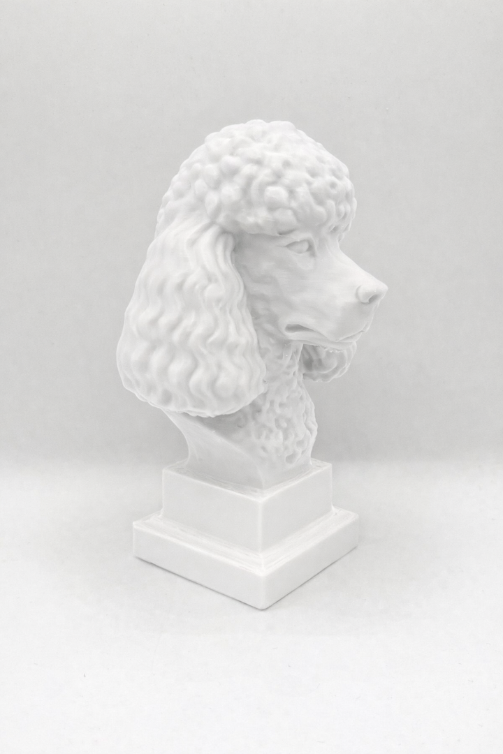 Poedel Hondenbeeld op Sokkel – 3D Geprint – 15 cm – Wit / Zwart / Bruin