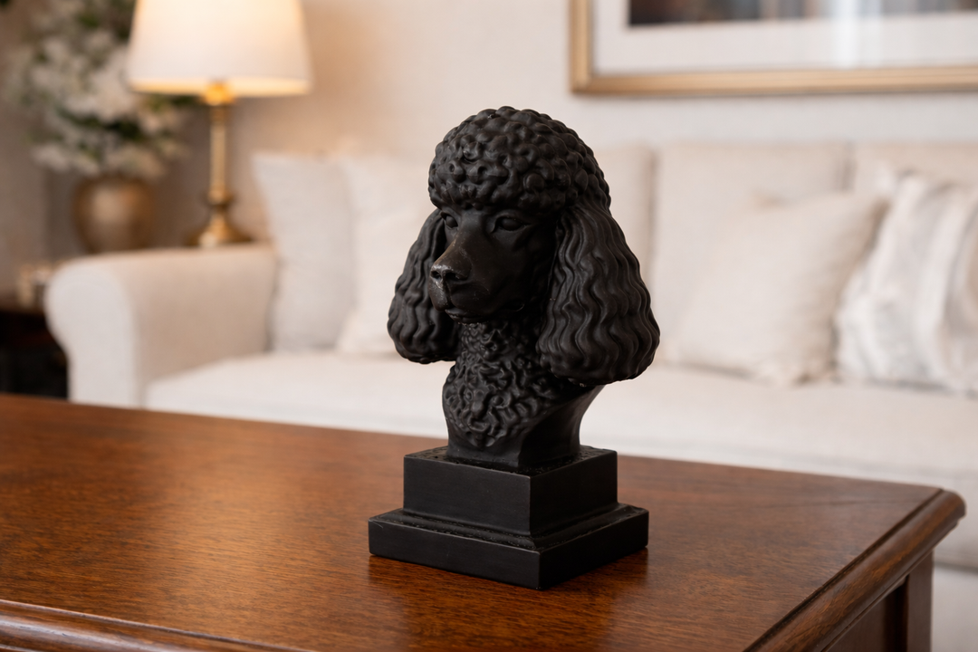 Poedel Hondenbeeld op Sokkel – 3D Geprint – 15 cm – Wit / Zwart / Bruin
