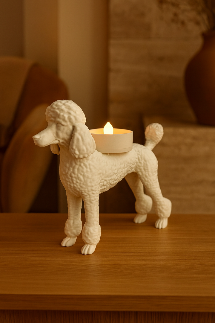 Poedel waxinelichthouder – stijlvolle 3D-geprinte decoratie | Hunoba Creative