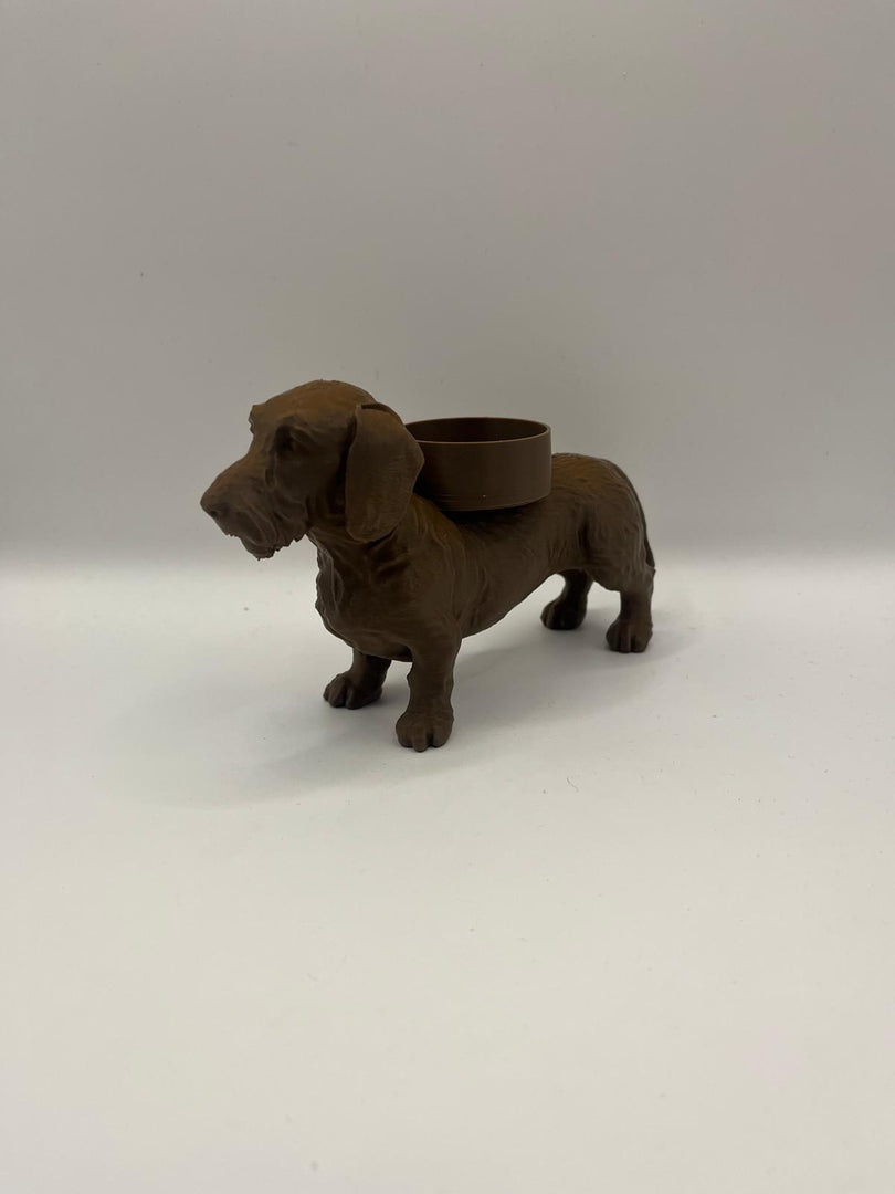 Ruwharige Teckel Waxinelichthouder – Hond Beeldje in Zwart, Wit & Bruin – 3D-Geprint Design (46×158×90 mm)