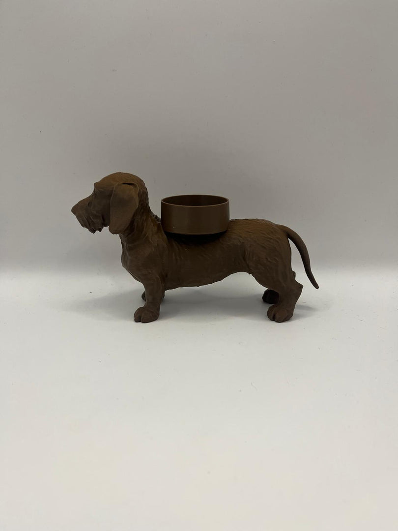 Ruwharige Teckel Waxinelichthouder – Hond Beeldje in Zwart, Wit & Bruin – 3D-Geprint Design (46×158×90 mm)