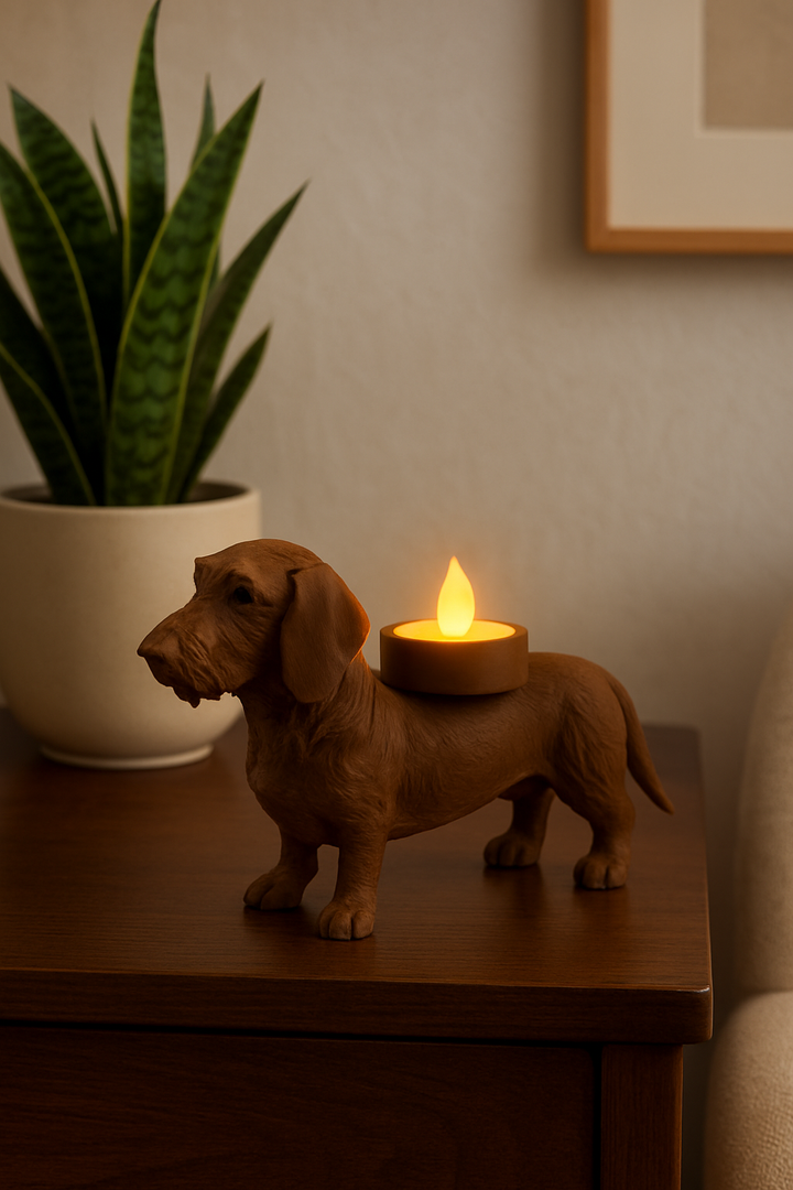 Ruwharige Teckel Waxinelichthouder – Hond Beeldje in Zwart, Wit & Bruin – 3D-Geprint Design (46×158×90 mm)