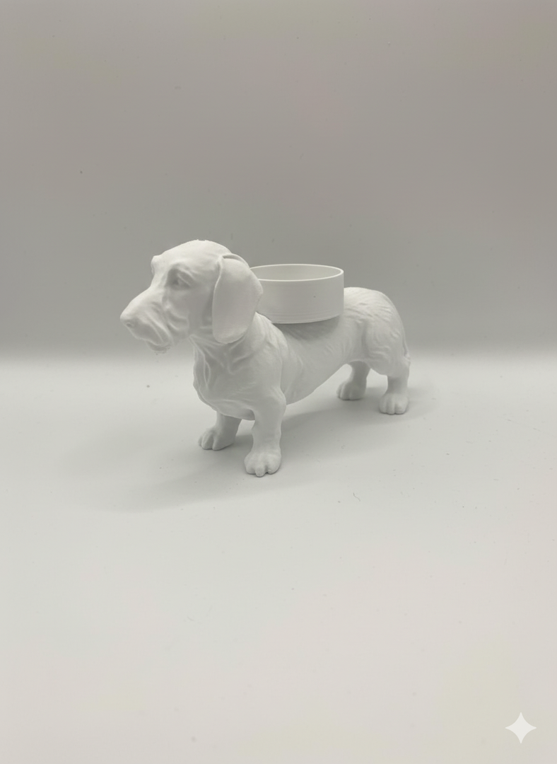 Ruwharige Teckel Waxinelichthouder – Hond Beeldje in Zwart, Wit & Bruin – 3D-Geprint Design (46×158×90 mm)