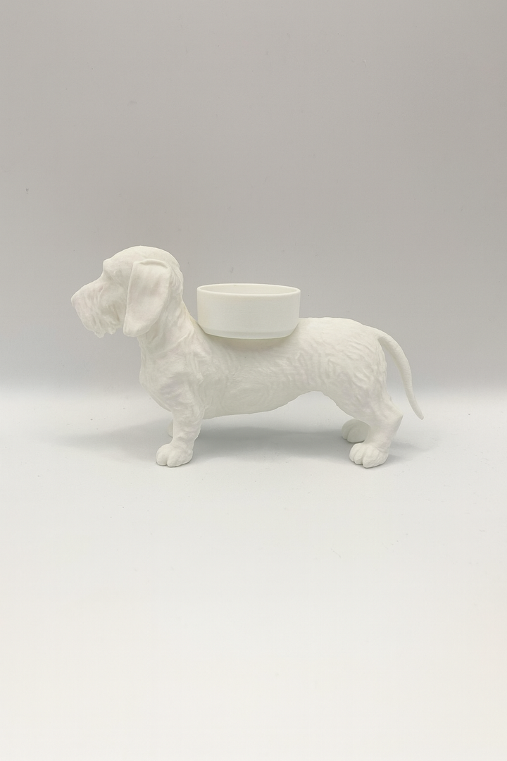 Ruwharige Teckel Waxinelichthouder – Hond Beeldje in Zwart, Wit & Bruin – 3D-Geprint Design (46×158×90 mm)