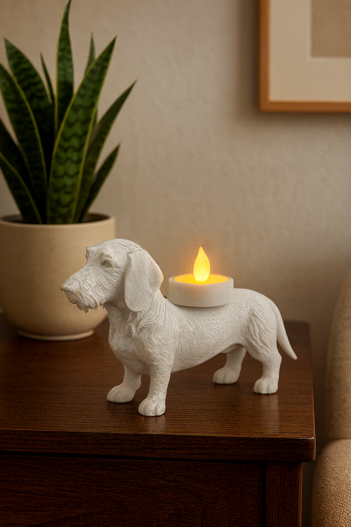 Ruwharige Teckel Waxinelichthouder – Hond Beeldje in Zwart, Wit & Bruin – 3D-Geprint Design (46×158×90 mm)