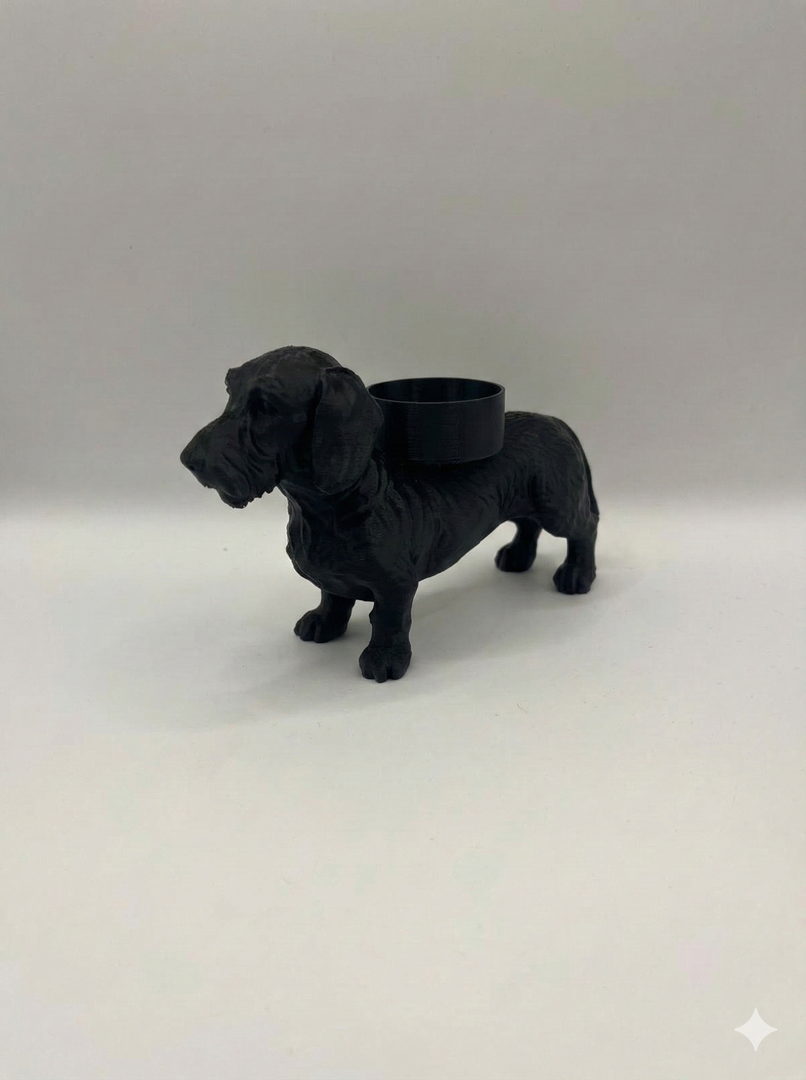 Ruwharige Teckel Waxinelichthouder – Hond Beeldje in Zwart, Wit & Bruin – 3D-Geprint Design (46×158×90 mm)