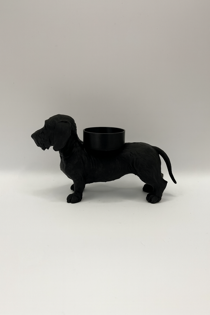 Ruwharige Teckel Waxinelichthouder – Hond Beeldje in Zwart, Wit & Bruin – 3D-Geprint Design (46×158×90 mm)
