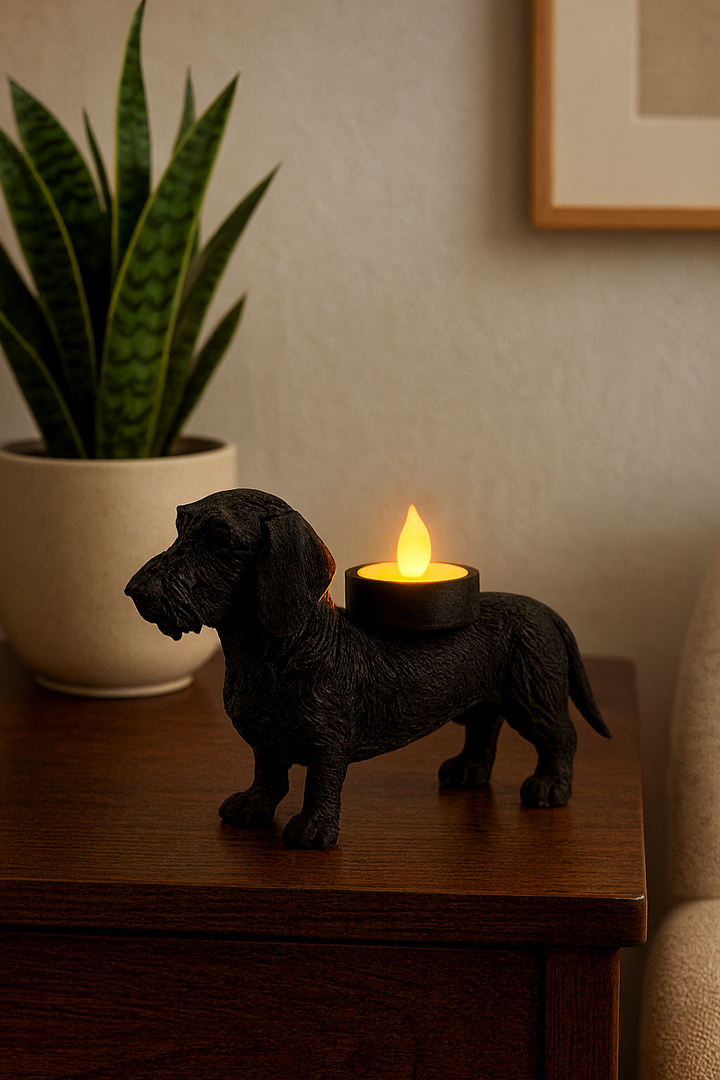 Ruwharige Teckel Waxinelichthouder – Hond Beeldje in Zwart, Wit & Bruin – 3D-Geprint Design (46×158×90 mm)