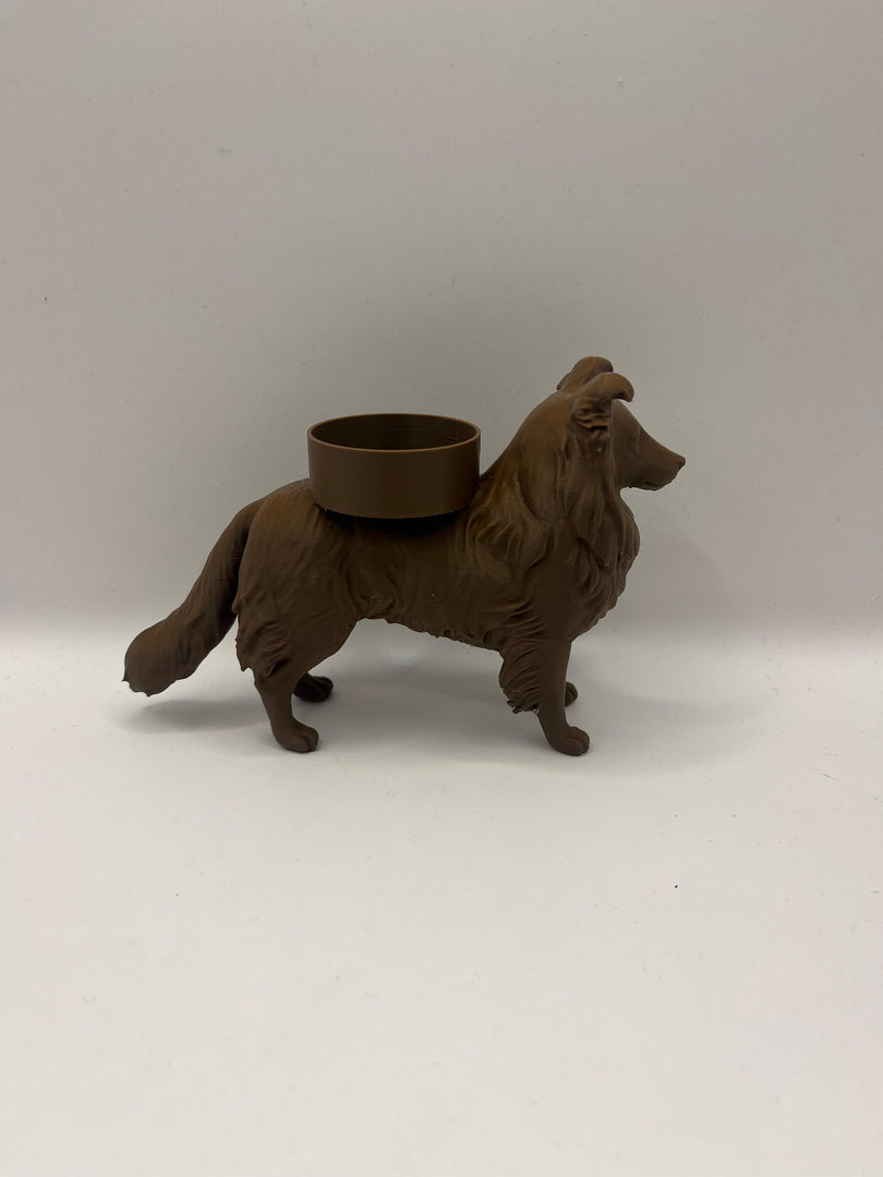 Waxinelichthouder Shetland Sheepdog (Sheltie) – 3D-Geprint Hond Beeldje – Zwart | Wit | Bruin