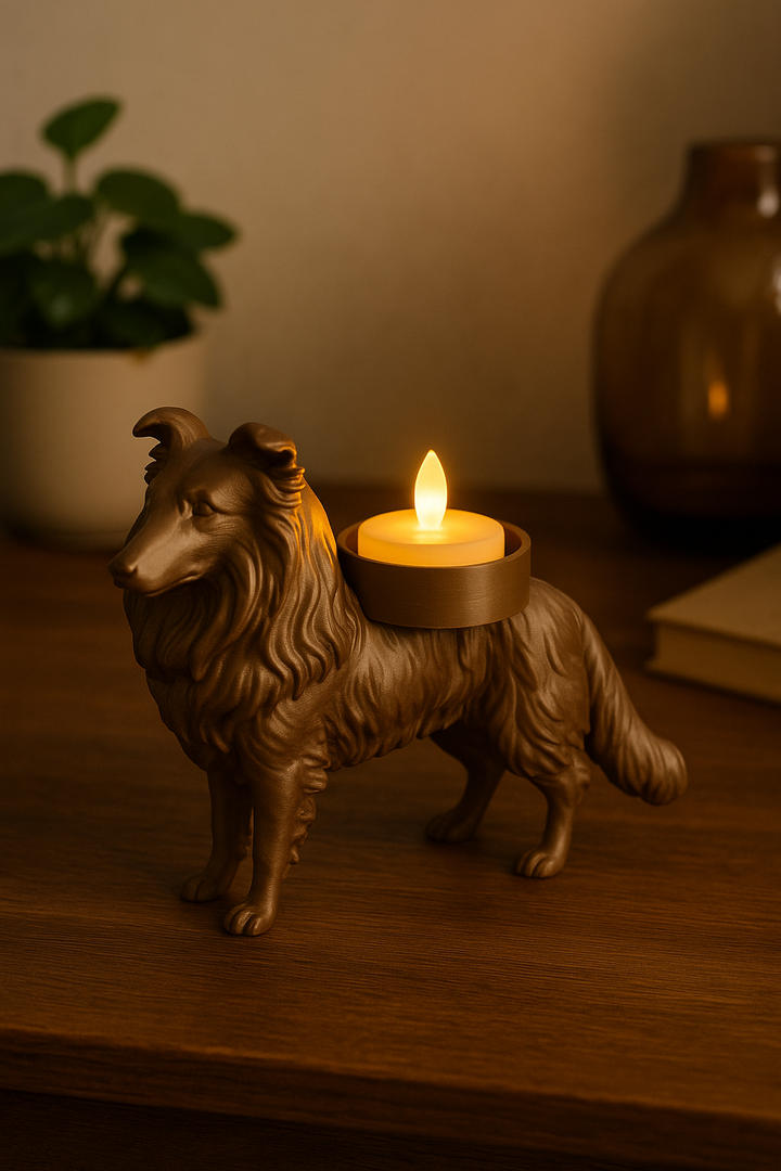 Waxinelichthouder Shetland Sheepdog (Sheltie) – 3D-Geprint Hond Beeldje – Zwart | Wit | Bruin