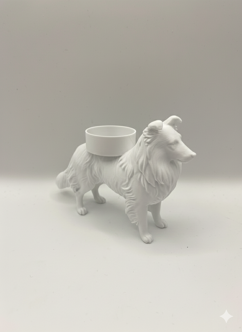 Waxinelichthouder Shetland Sheepdog (Sheltie) – 3D-Geprint Hond Beeldje – Zwart | Wit | Bruin