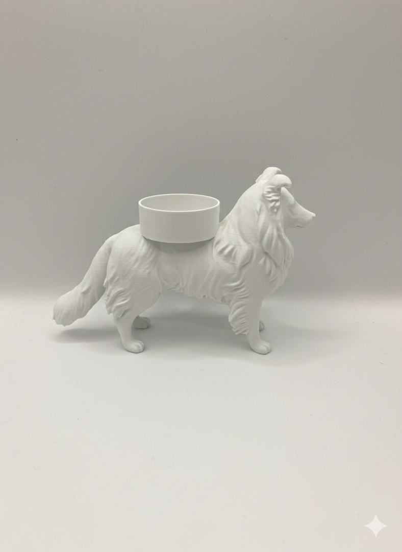 Waxinelichthouder Shetland Sheepdog (Sheltie) – 3D-Geprint Hond Beeldje – Zwart | Wit | Bruin