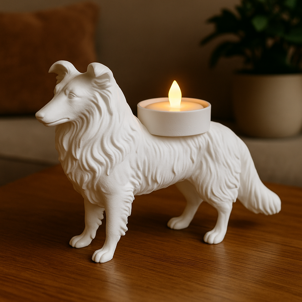 Waxinelichthouder Shetland Sheepdog (Sheltie) – 3D-Geprint Hond Beeldje – Zwart | Wit | Bruin