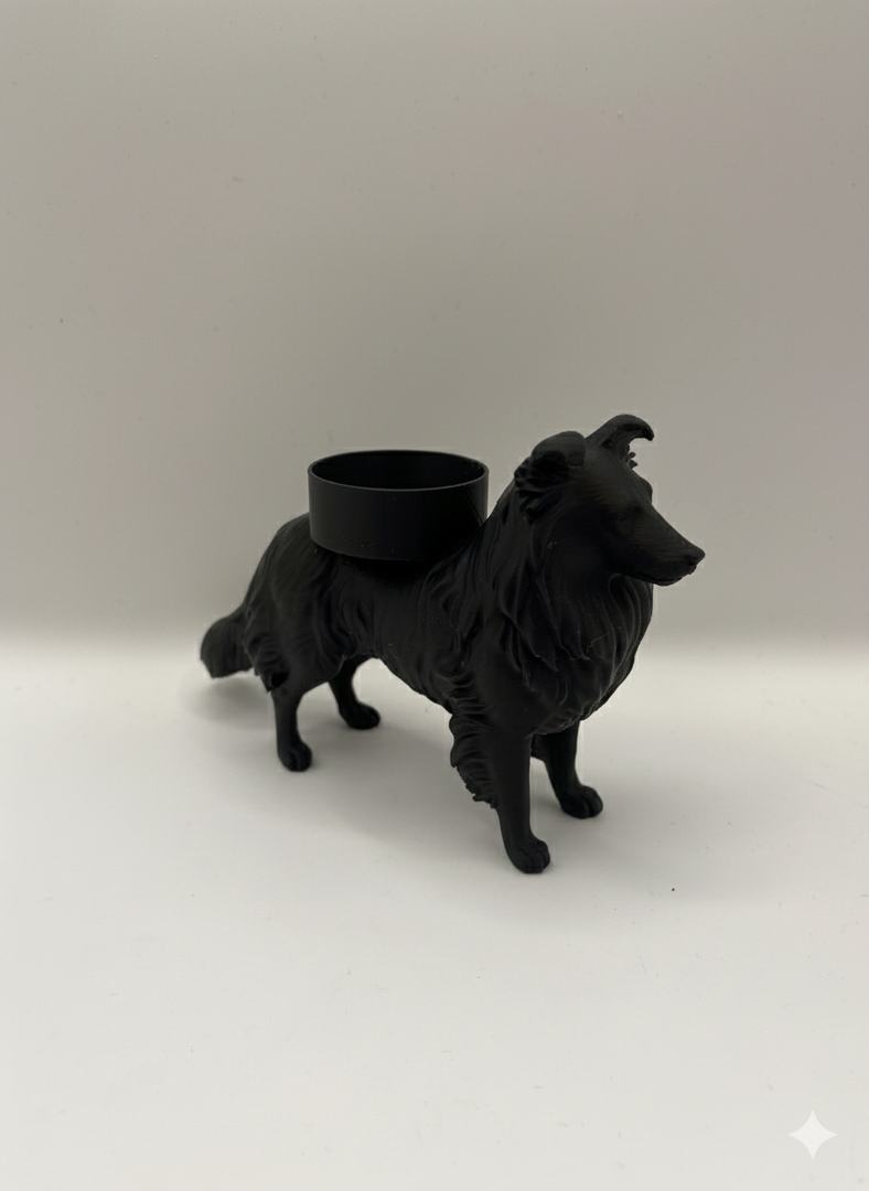 Waxinelichthouder Shetland Sheepdog (Sheltie) – 3D-Geprint Hond Beeldje – Zwart | Wit | Bruin