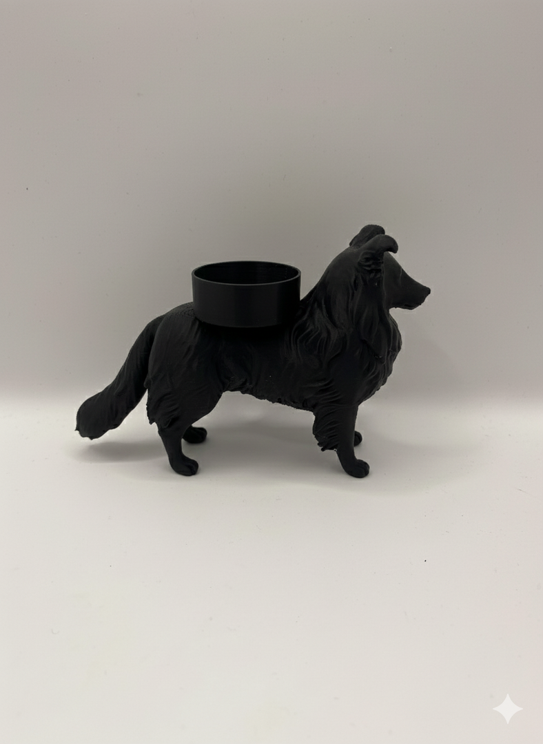 Waxinelichthouder Shetland Sheepdog (Sheltie) – 3D-Geprint Hond Beeldje – Zwart | Wit | Bruin