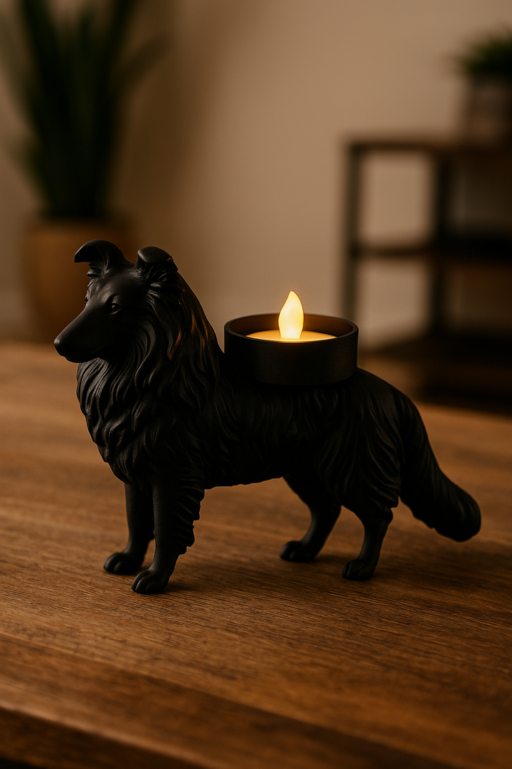 Waxinelichthouder Shetland Sheepdog (Sheltie) – 3D-Geprint Hond Beeldje – Zwart | Wit | Bruin