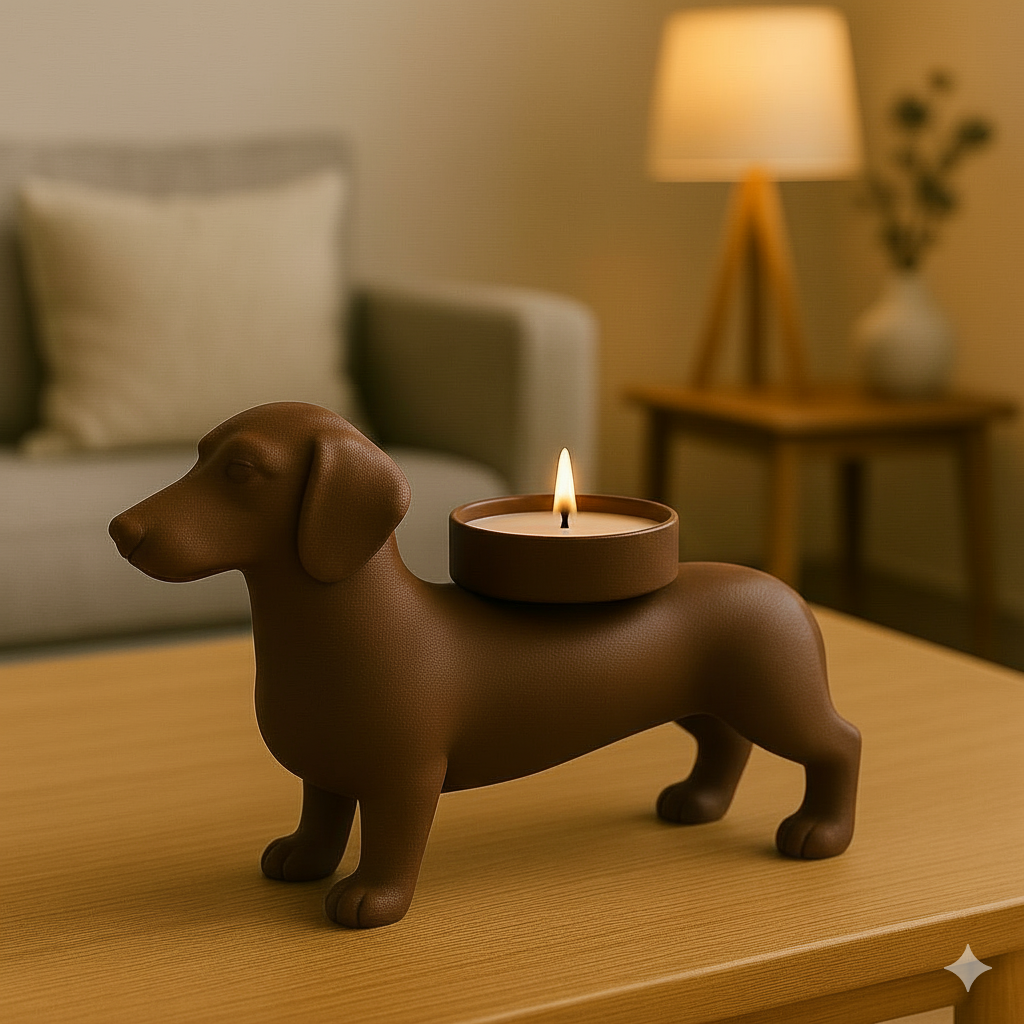 Teckel Waxinelichthouder – Moderne Honden Kaarshouder in Zwart, Wit & Bruin | Sfeervolle Woondecoratie