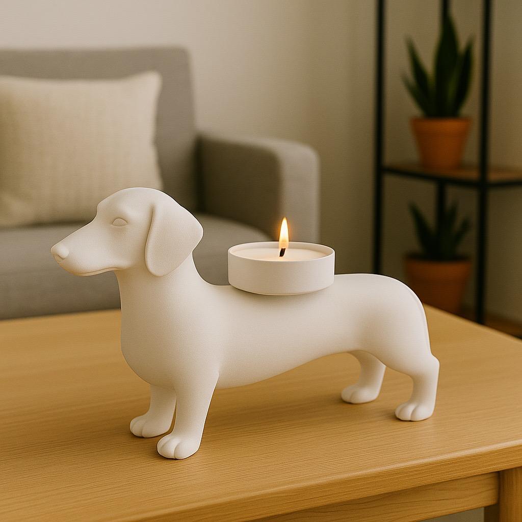 Teckel Waxinelichthouder – Moderne Honden Kaarshouder in Zwart, Wit & Bruin | Sfeervolle Woondecoratie