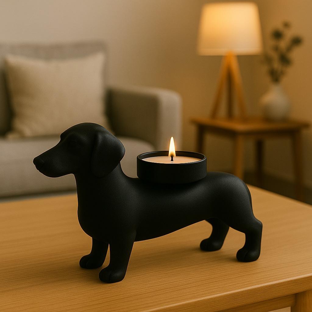 Teckel Waxinelichthouder – Moderne Honden Kaarshouder in Zwart, Wit & Bruin | Sfeervolle Woondecoratie