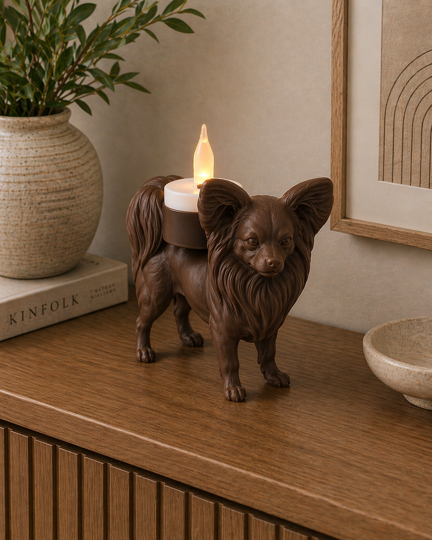 Bruine Papillon hond waxinelichthouder op houten dressoir met brandend kaarslicht en stijlvolle woondecoratie.