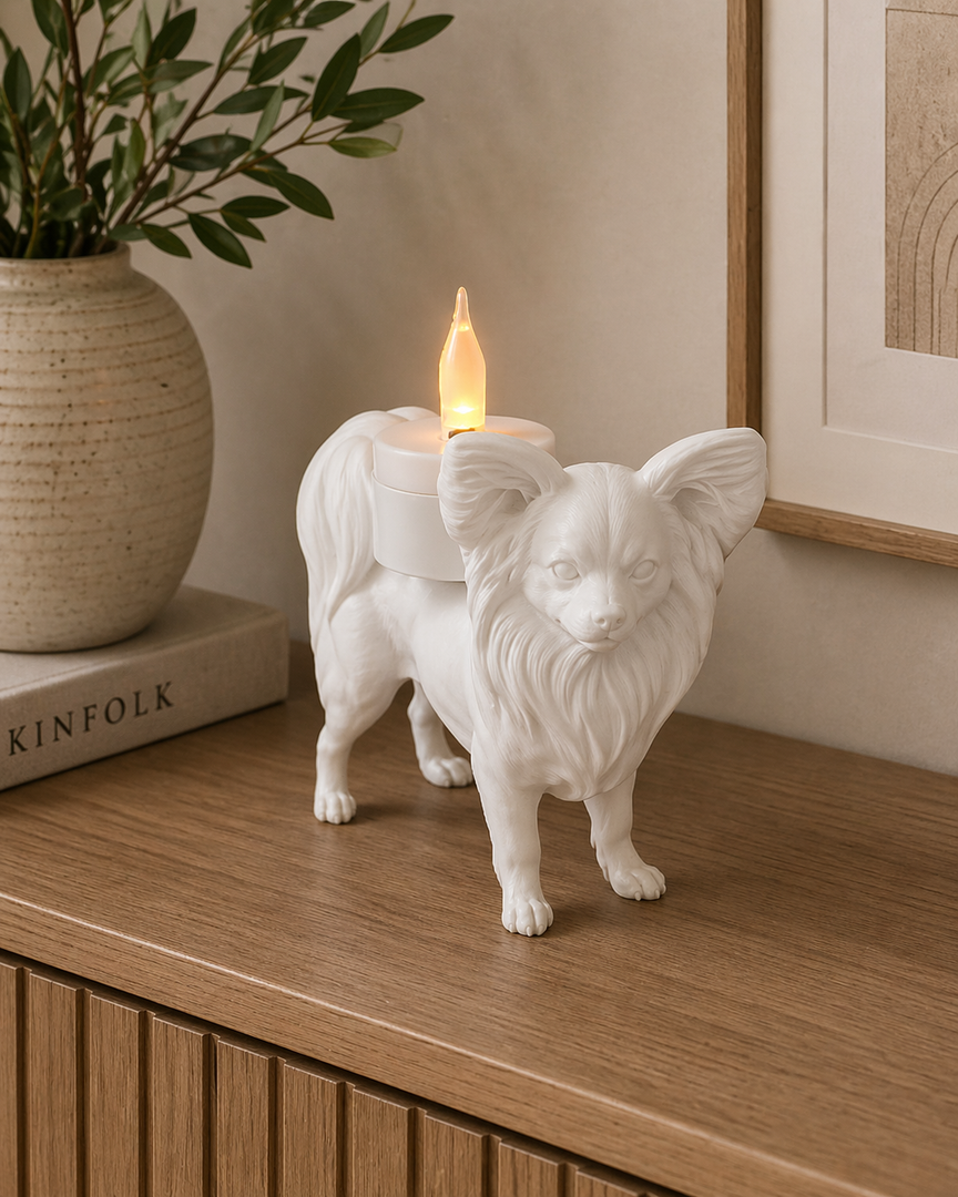 Witte Papillon hond waxinelichthouder met brandend waxinelicht op houten kast naast decoratieve accessoires.