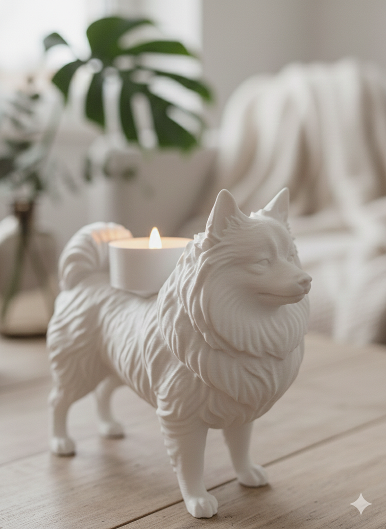 Keeshond waxinelichthouder wit van Hunoba Creative