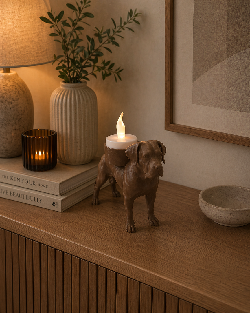 Matte bruine Presa Canario waxinelichthouder met LED-waxinelichtje op houten kast in warme huiselijke omgeving langs de wand.